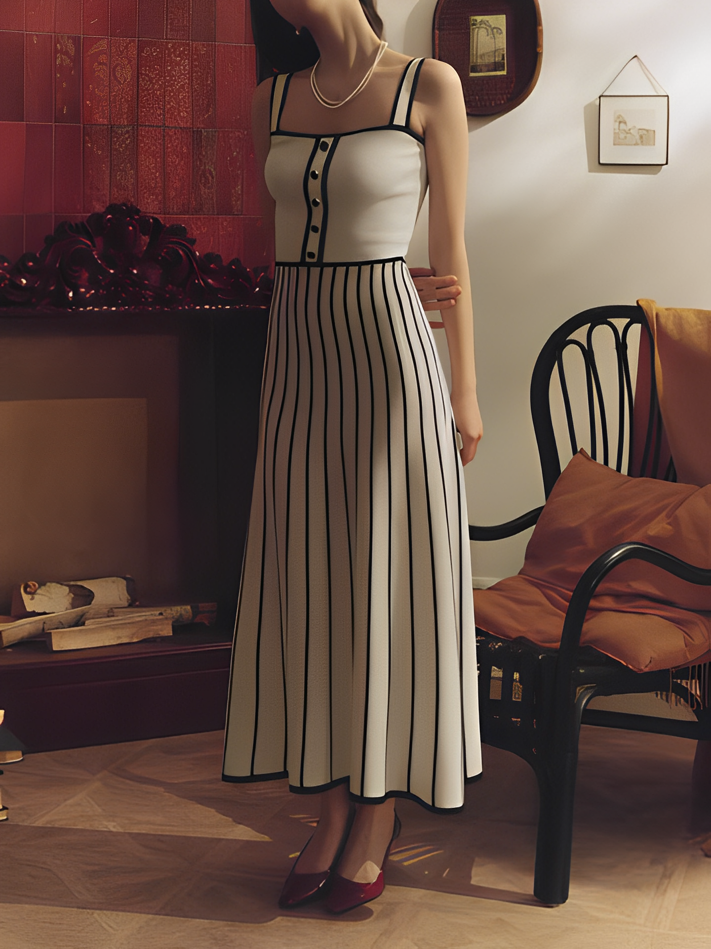 Vestido Feminino Midi Tricô Listrado Modelagem Evasê - Dandara