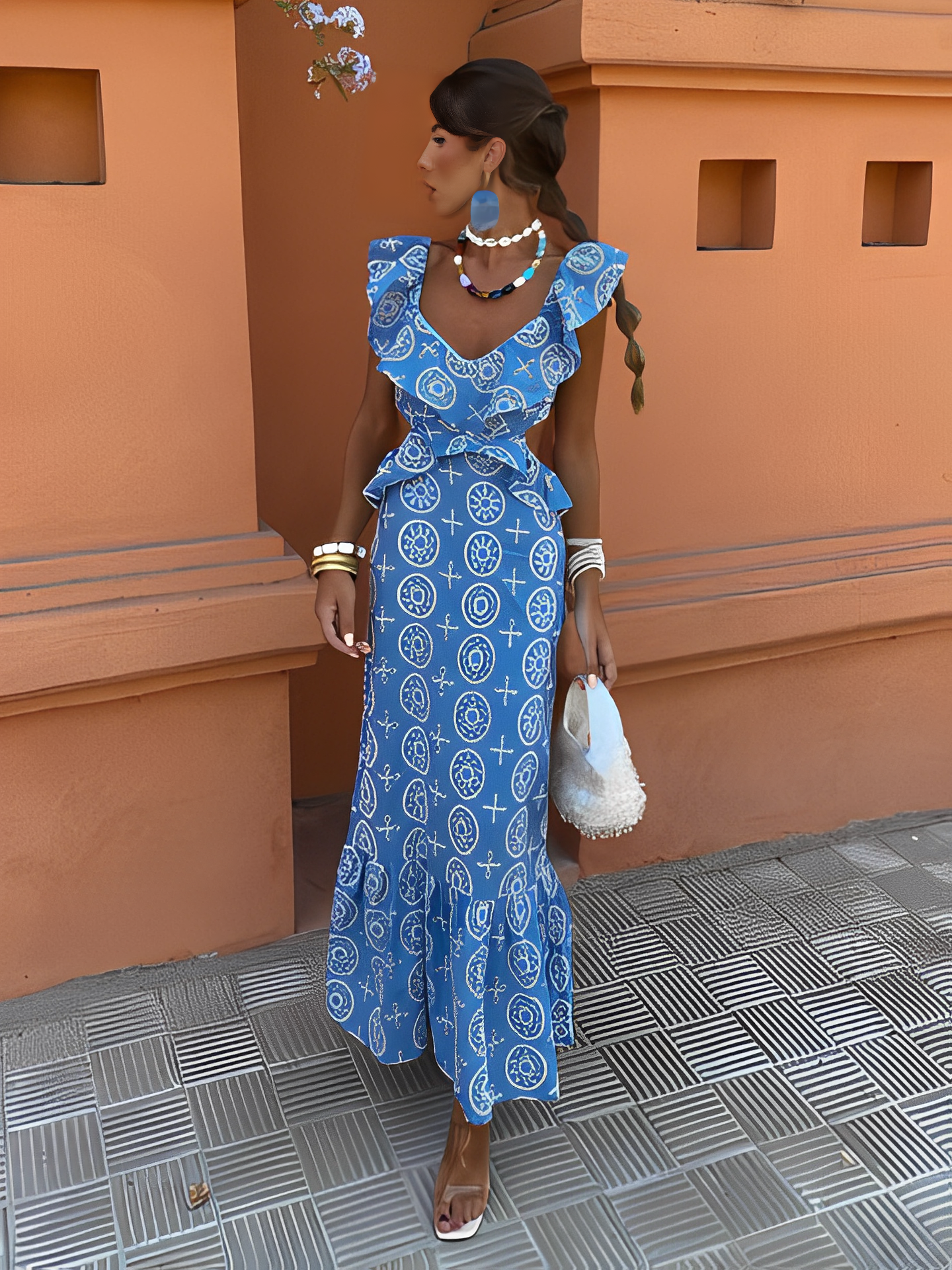 Vestido Feminino Longo Laise Recortes na Cintura e Babados - Catarina