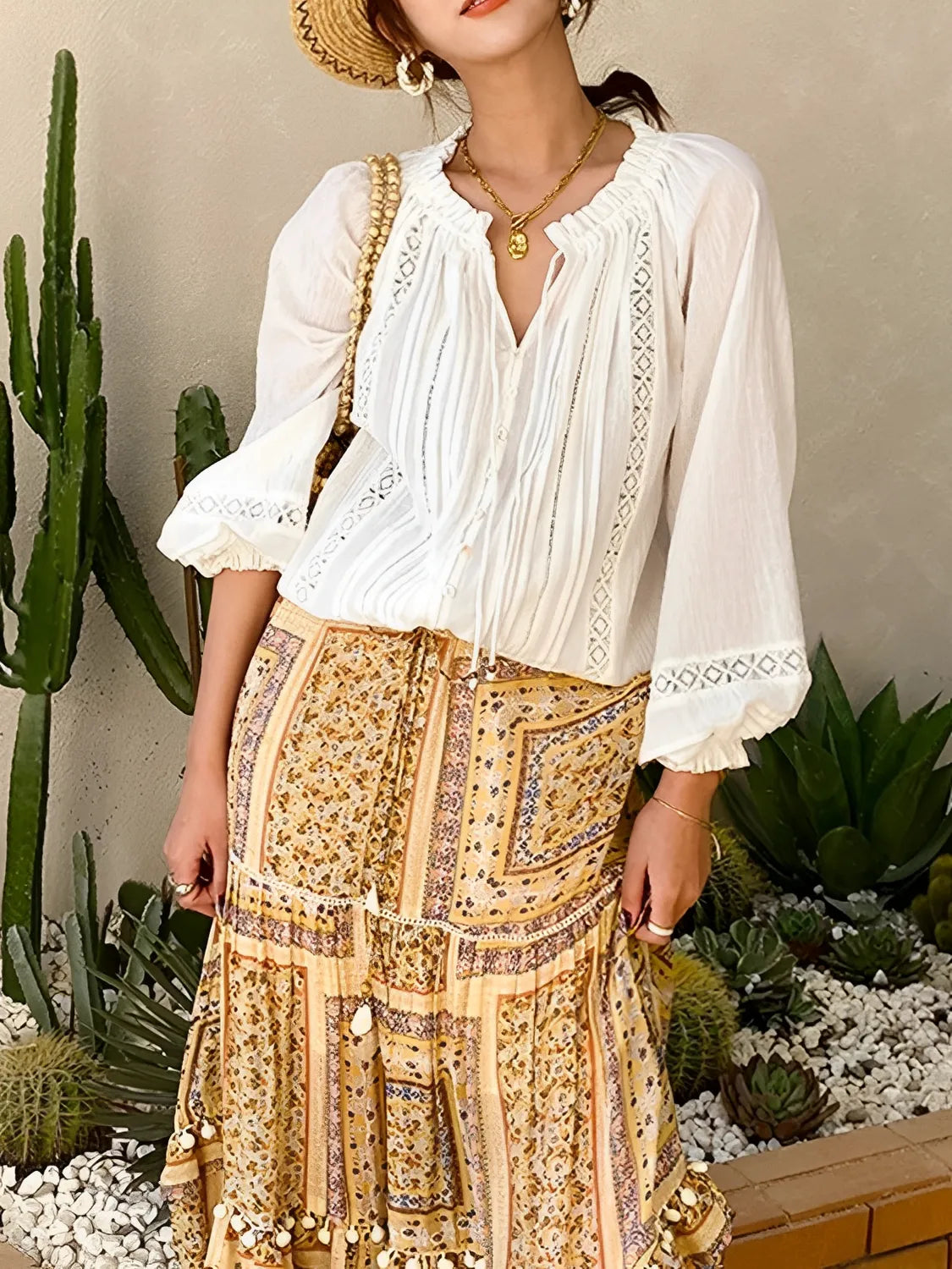Blusa Feminina Romântica Boho com Gola em V e Mangas Puff - Liz