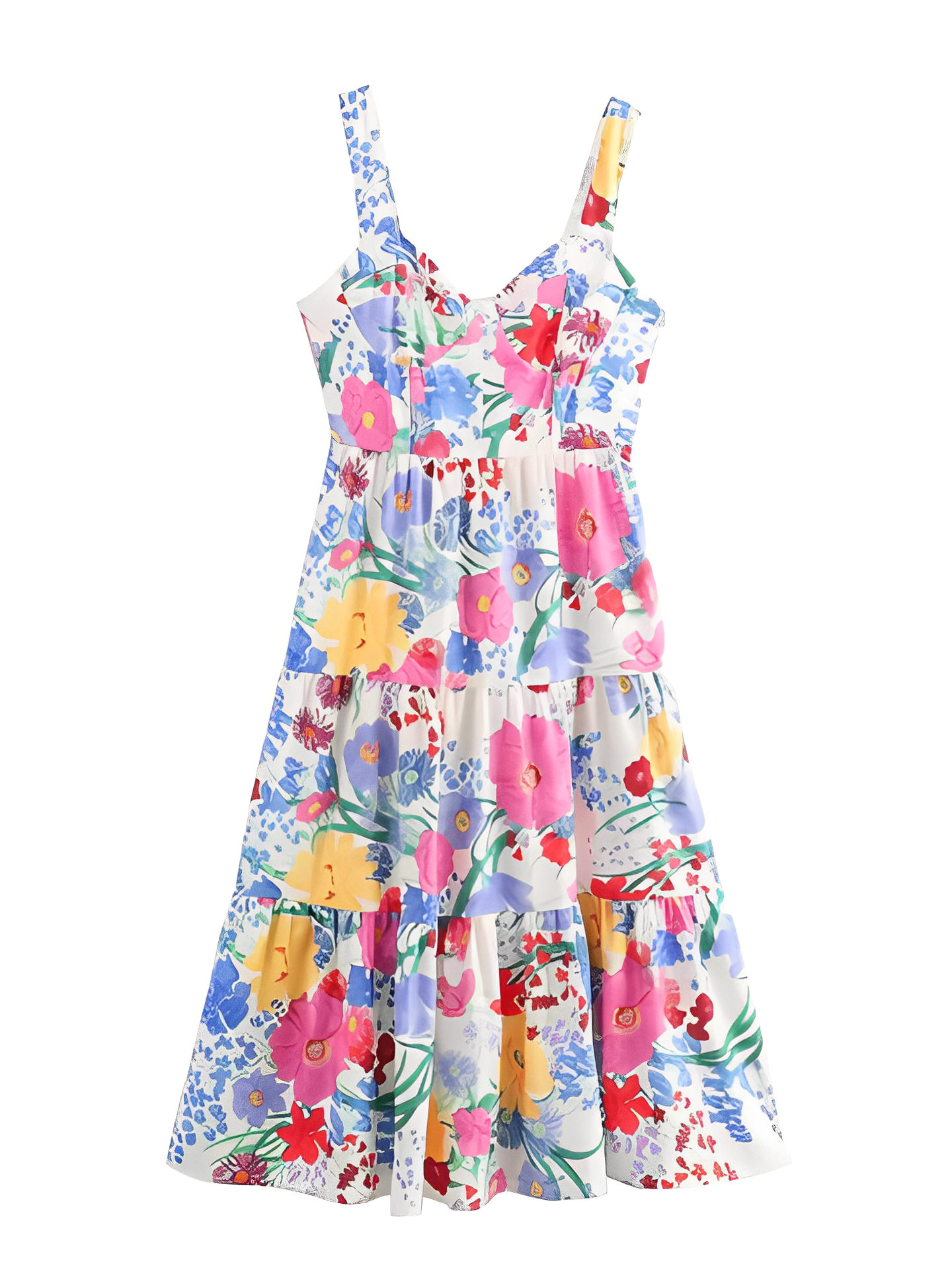 Vestido Feminino Longo Estampado Floral com Alças Finas e Decote Coração - Antonella