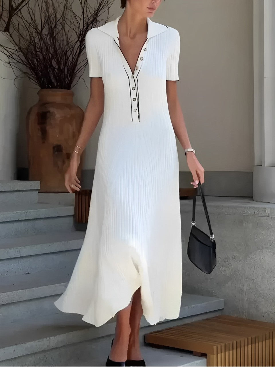 Vestido Feminino Longo Tricô Canelado Decote V com Botões e Mangas Curtas - Evelyn