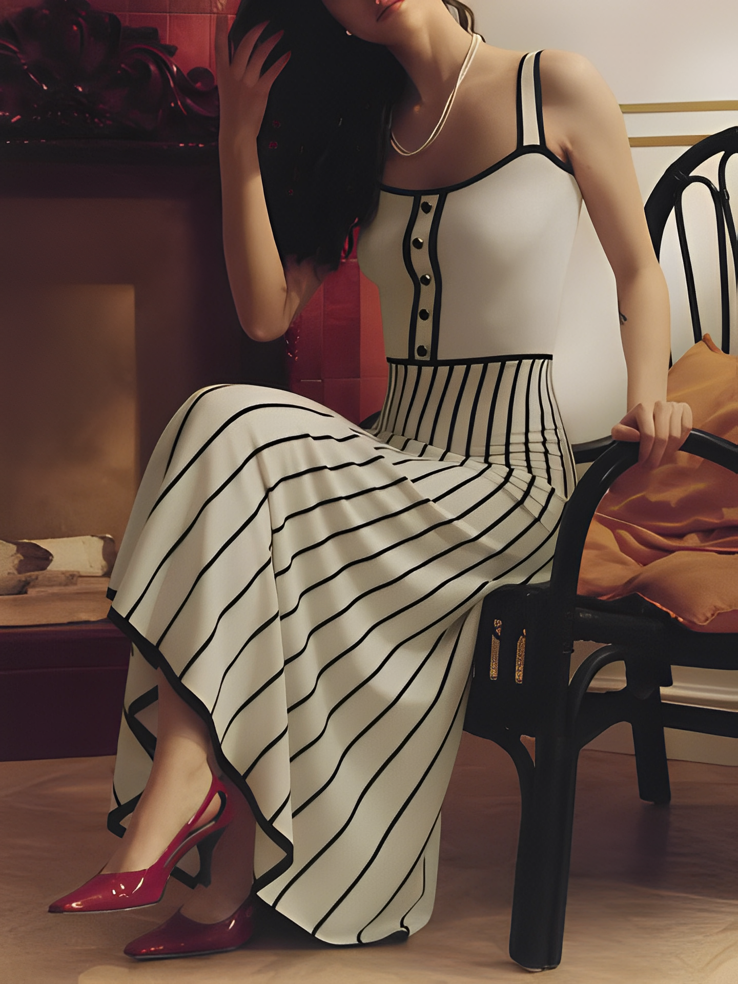 Vestido Feminino Midi Tricô Listrado Modelagem Evasê - Dandara
