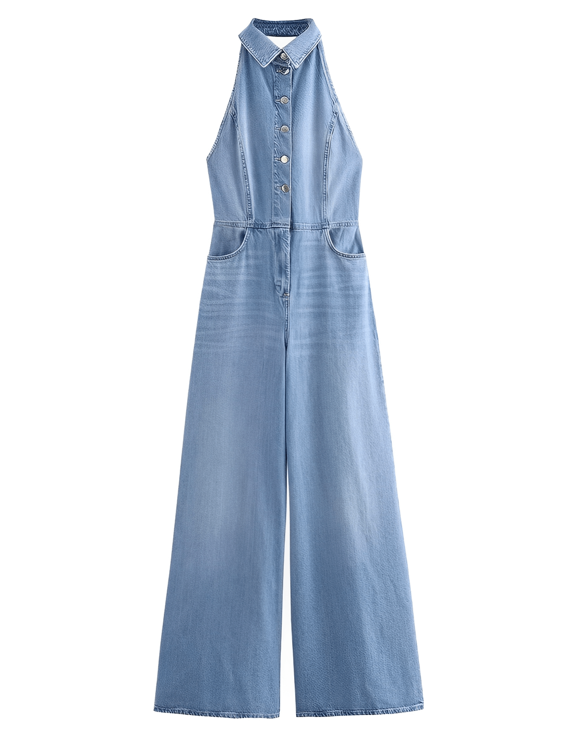 Macacão Feminino Jeans com Decote Nadador e Abertura Frontal em Botões Modelagem Wide Leg  - Jordana
