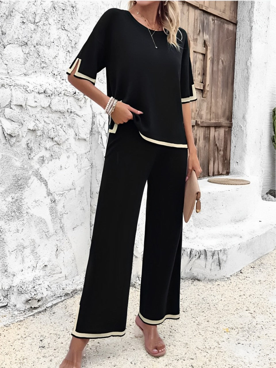 Conjunto Feminino em Viscose com Blusa Mullet de Manga Curta e Calça Cintura Alta com Fenda na Barra - Mirtes
