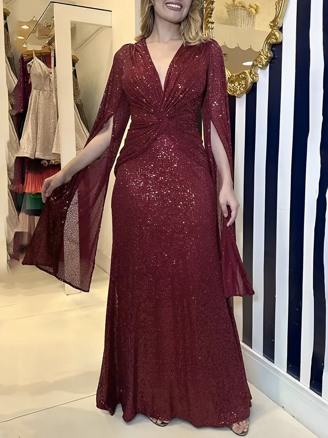 Vestido Feminino Longo de Festa Paêtes Decote em V e Nó na Cintura  - Dafne