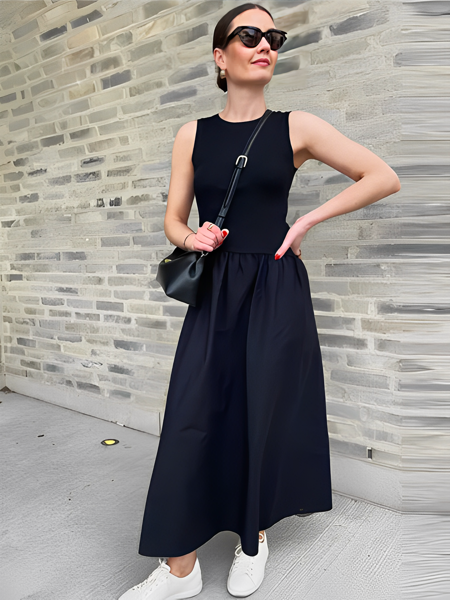 Vestido Feminino Longo Tecido Canelado com Modelagem Evasê Plissado - Maia