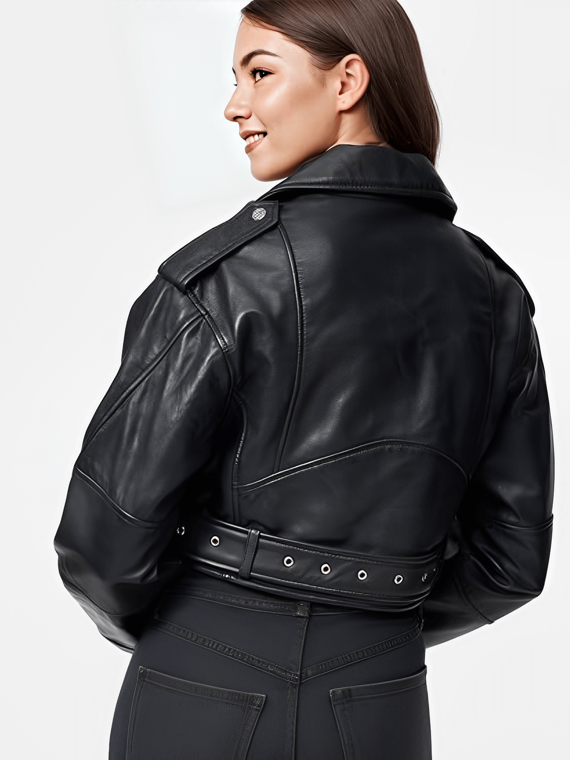 Jaqueta Feminina Cropped em Couro PU com  Zíper Transversal e Cinto Decorativo na Barra - Eleonor