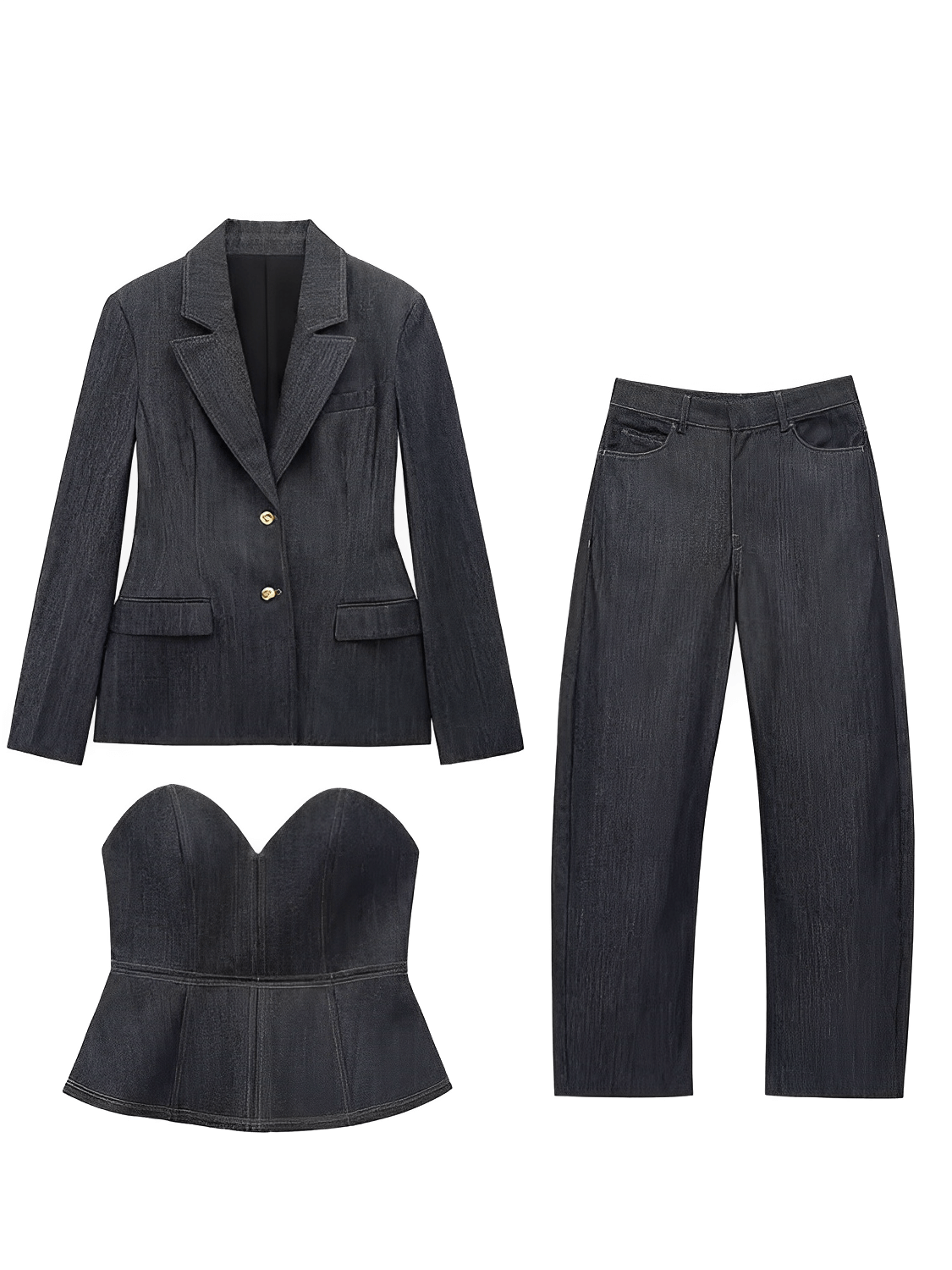 Conjunto Feminino de 3 Peças Jeans com Blazer Acinturado Corset Peplum e Calça Wide Leg Cintura Alta - Kendall