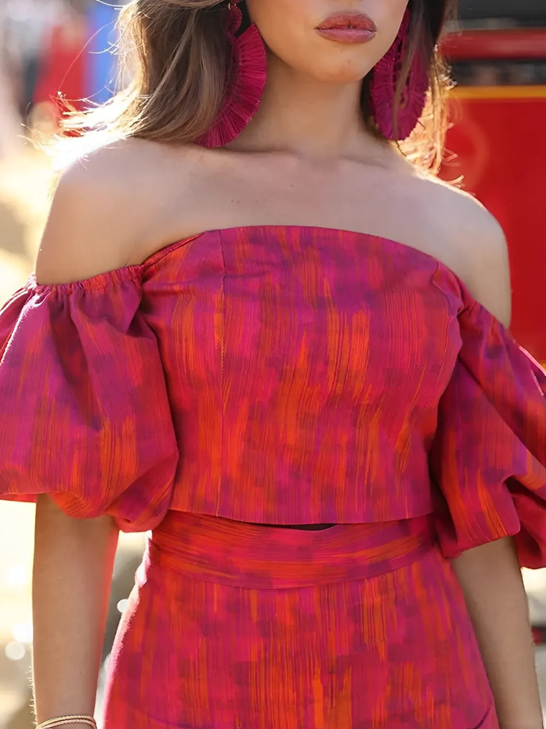 Conjunto Feminino Estampado com Blusa Ciganinha e Mangas Bufantes e Saia Lápis - Martina