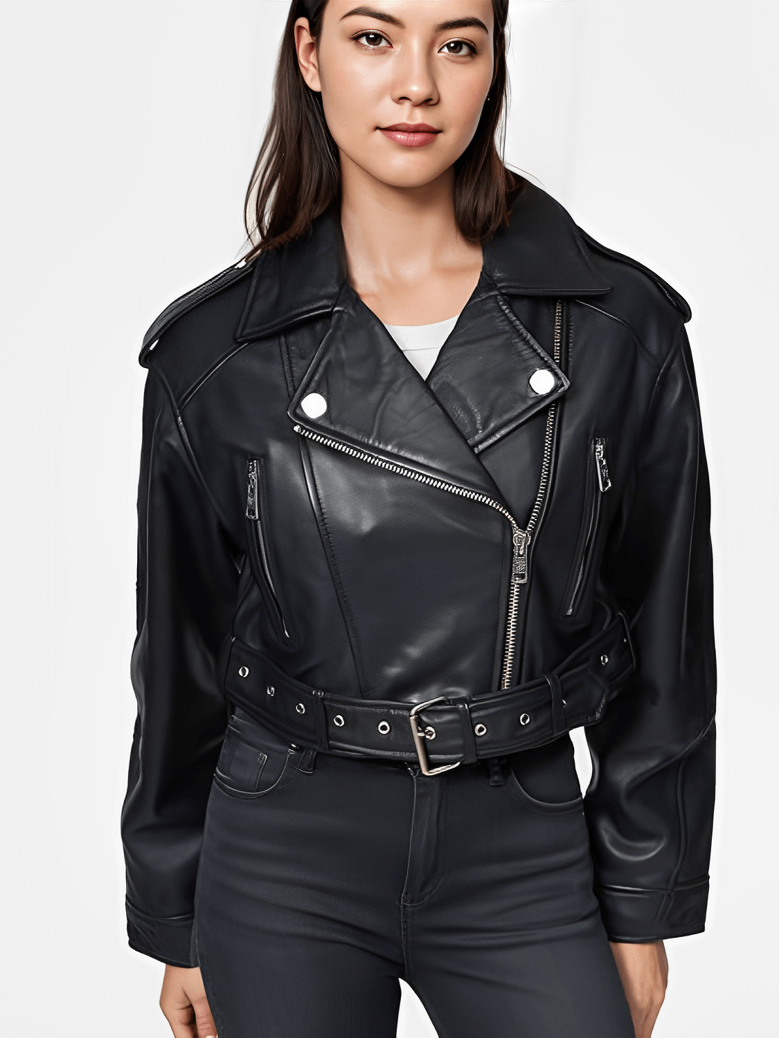 Jaqueta Feminina Cropped em Couro PU com  Zíper Transversal e Cinto Decorativo na Barra - Eleonor