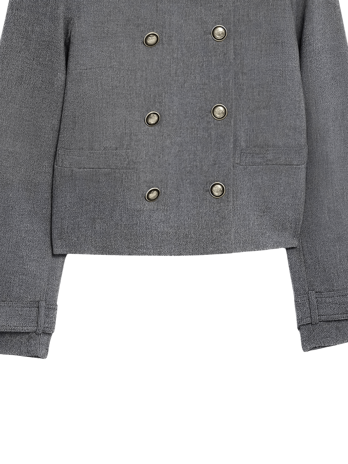 Conjunto Feminino em Alfaiataria Estruturada com Casaco Trespassado de Botões Duplos Ombreira Decorativa e Saia Curta Plissada – Cristine