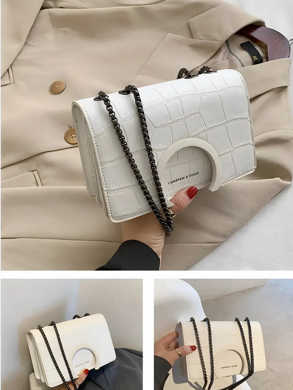 Bolsa Feminina Transversal em Couro PU com Correntes e Fecho Magnético - Anne