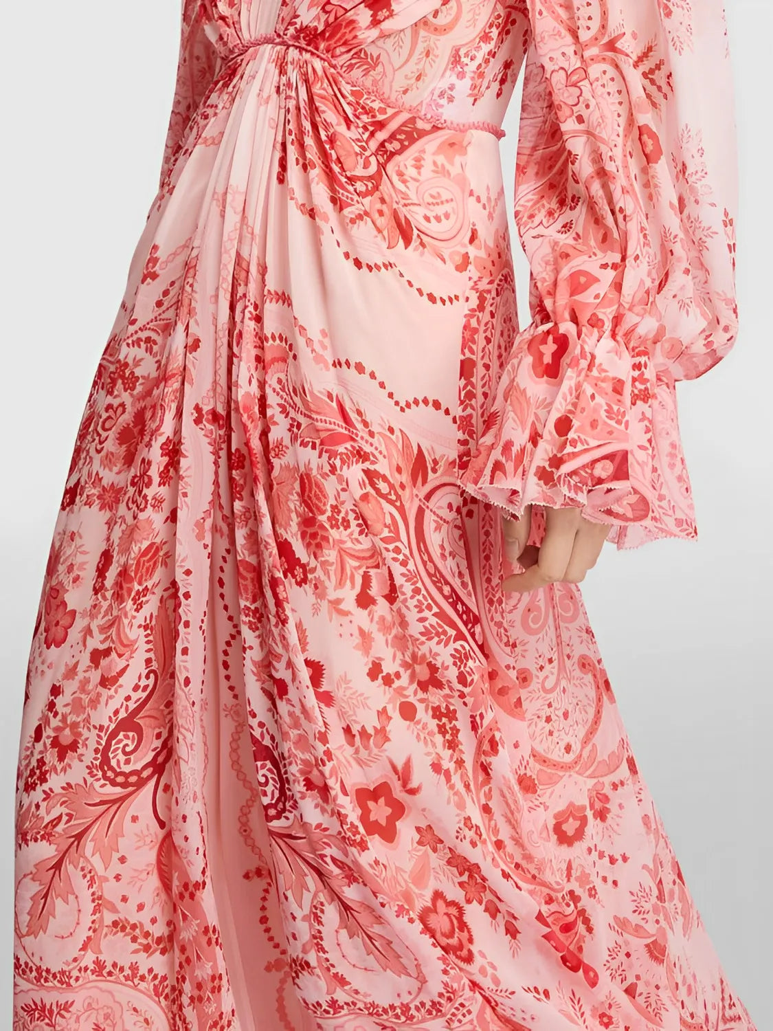 Vestido Feminino Longo Estampado de Manga Longa e Acinturado - Clarisse