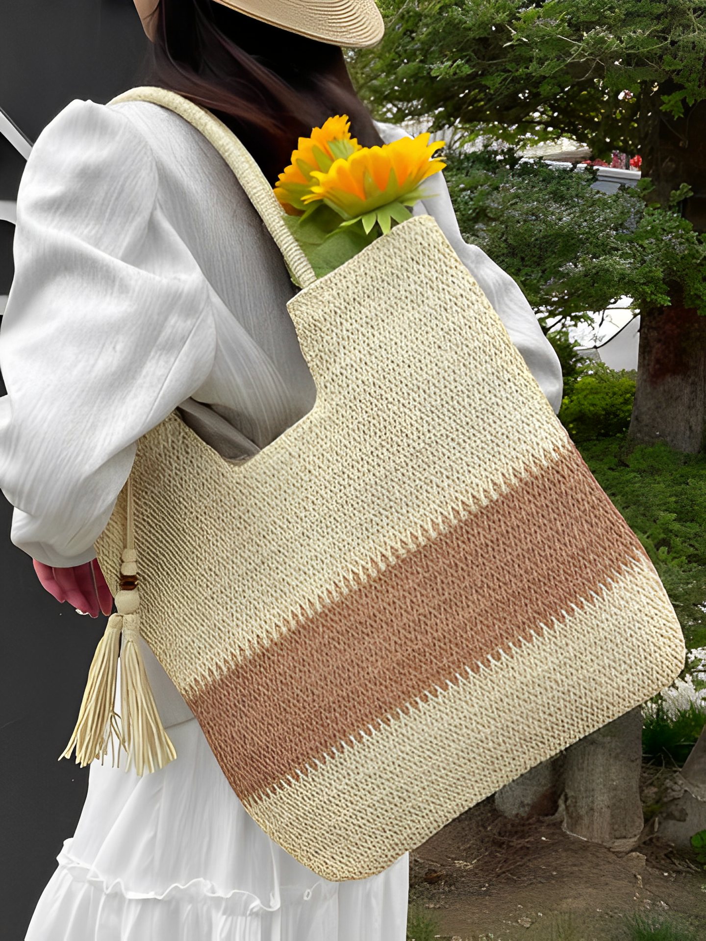 Bolsa Feminina Tote de Palha com Alça de Ombro Trançada  para Praia - Manu