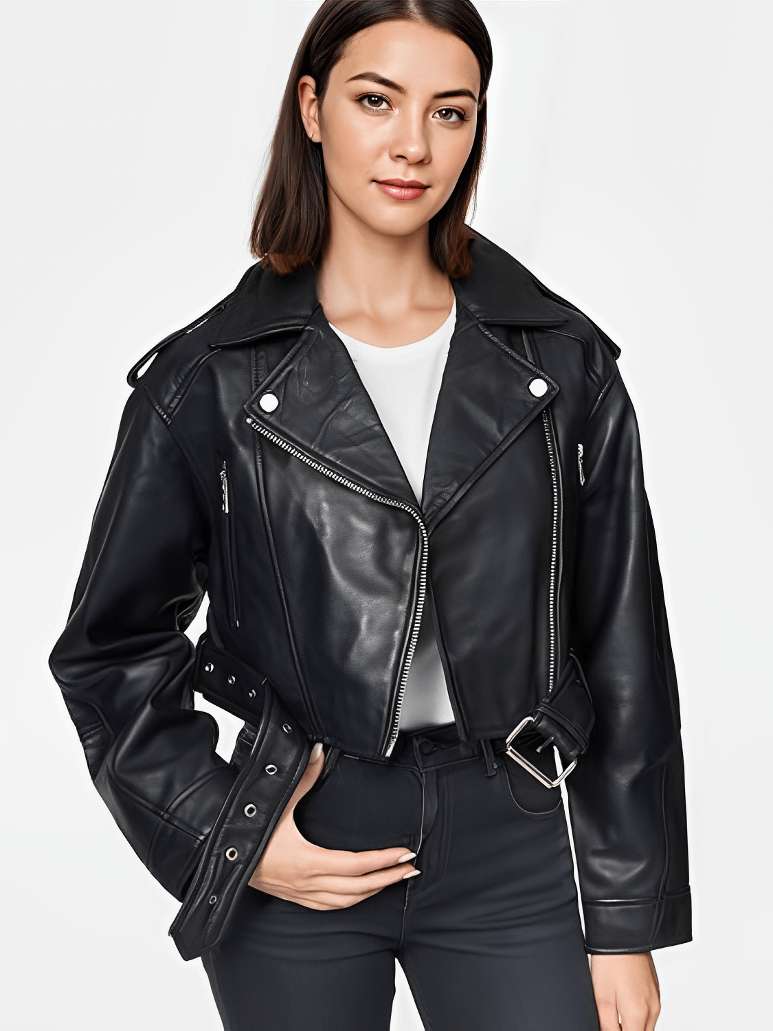 Jaqueta Feminina Cropped em Couro PU com  Zíper Transversal e Cinto Decorativo na Barra - Eleonor