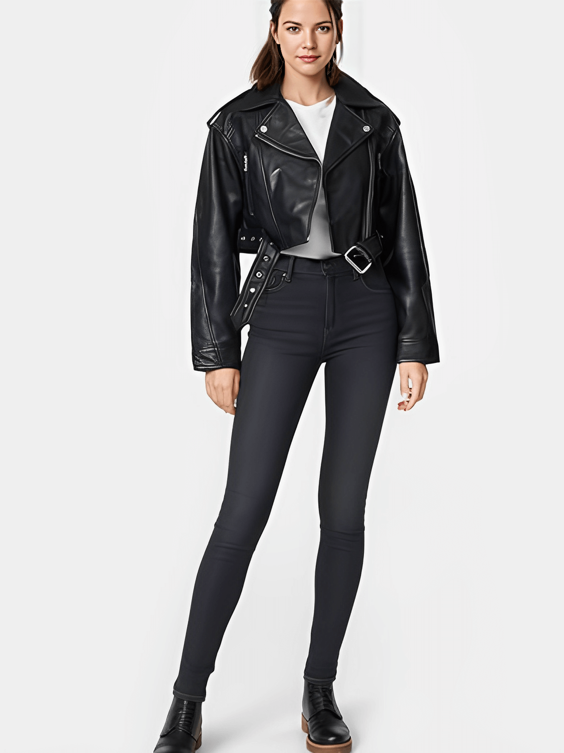Jaqueta Feminina Cropped em Couro PU com  Zíper Transversal e Cinto Decorativo na Barra - Eleonor