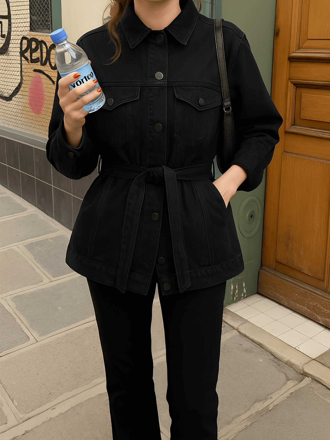 Casaco Feminino Jeans Alongado com Cinto Faixa e Fechamento em Botões – Ariana