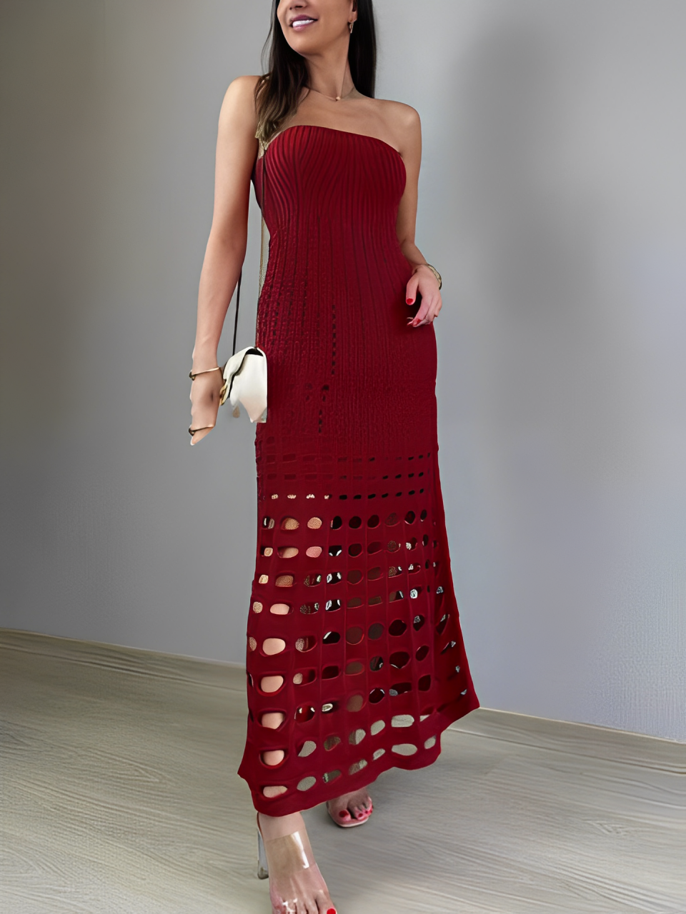 Vestido Feminino Longo de Tricô Tomara que Caia com Modelagem Sereia - Bella