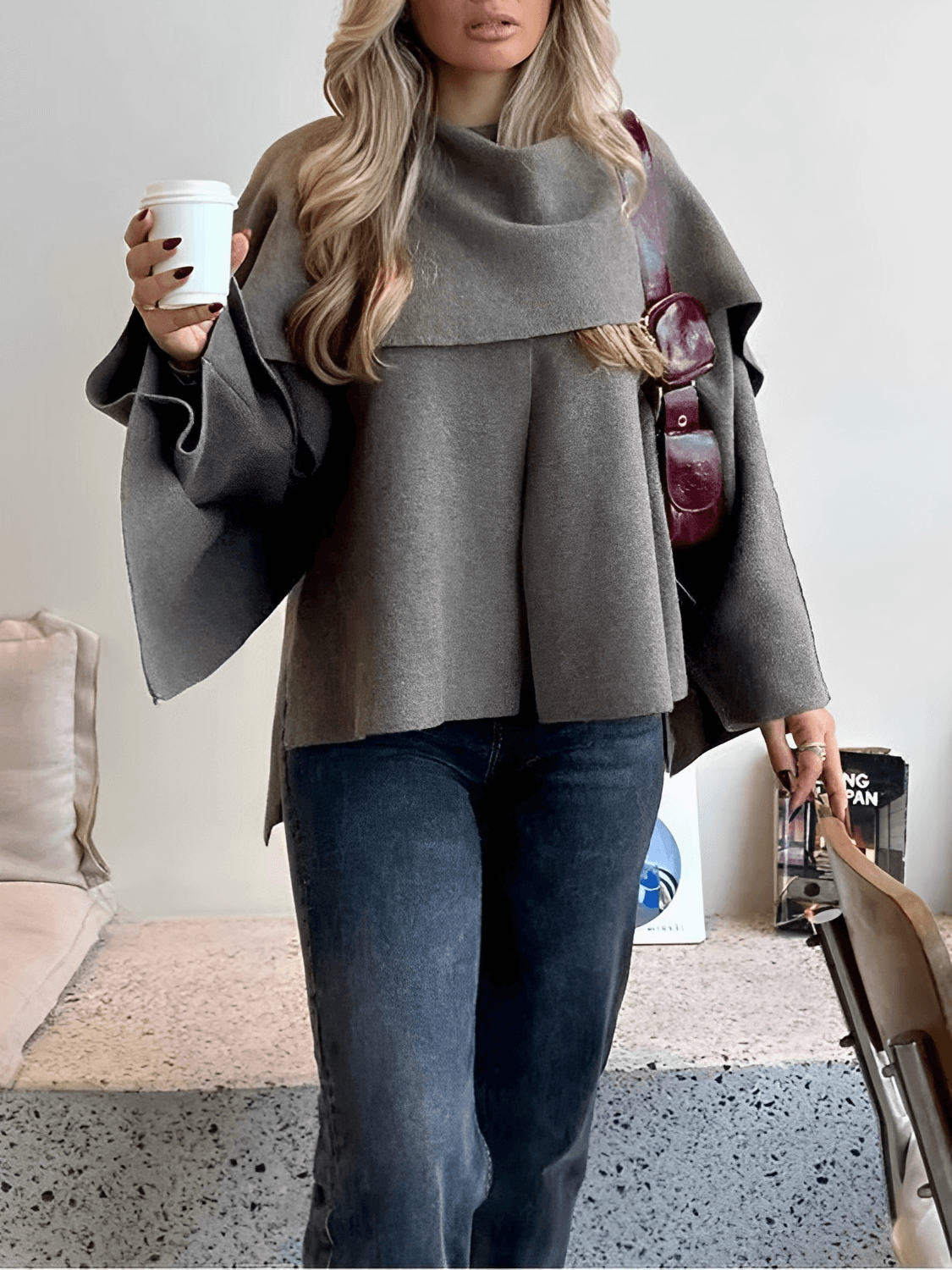 Casaco Feminino Poncho com Gola Lenço Elegante – Alana