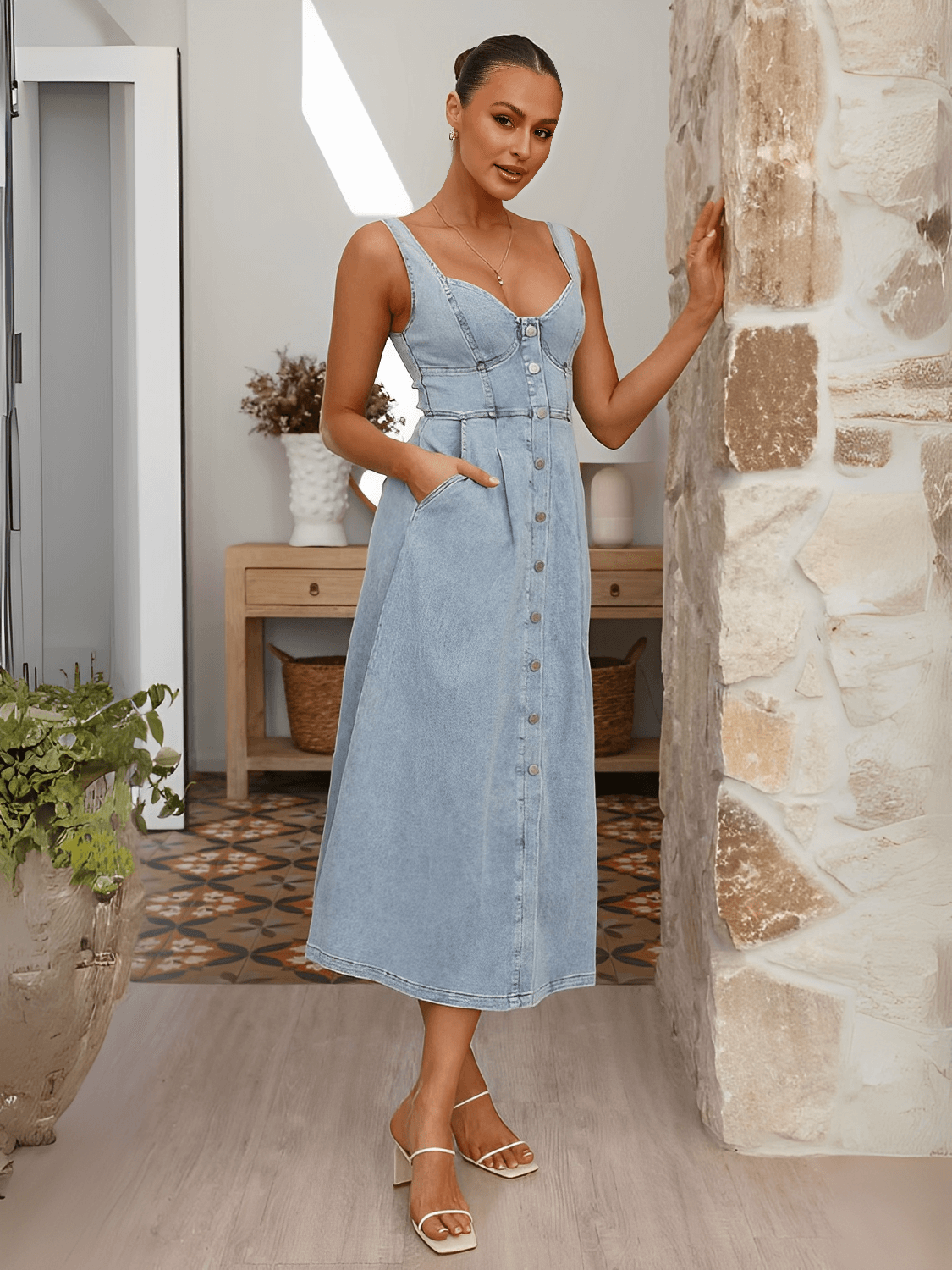 Vestido Feminino Midi Jeans com Decote Coração Botões Frontais e Elástico nas Costas – Pilar