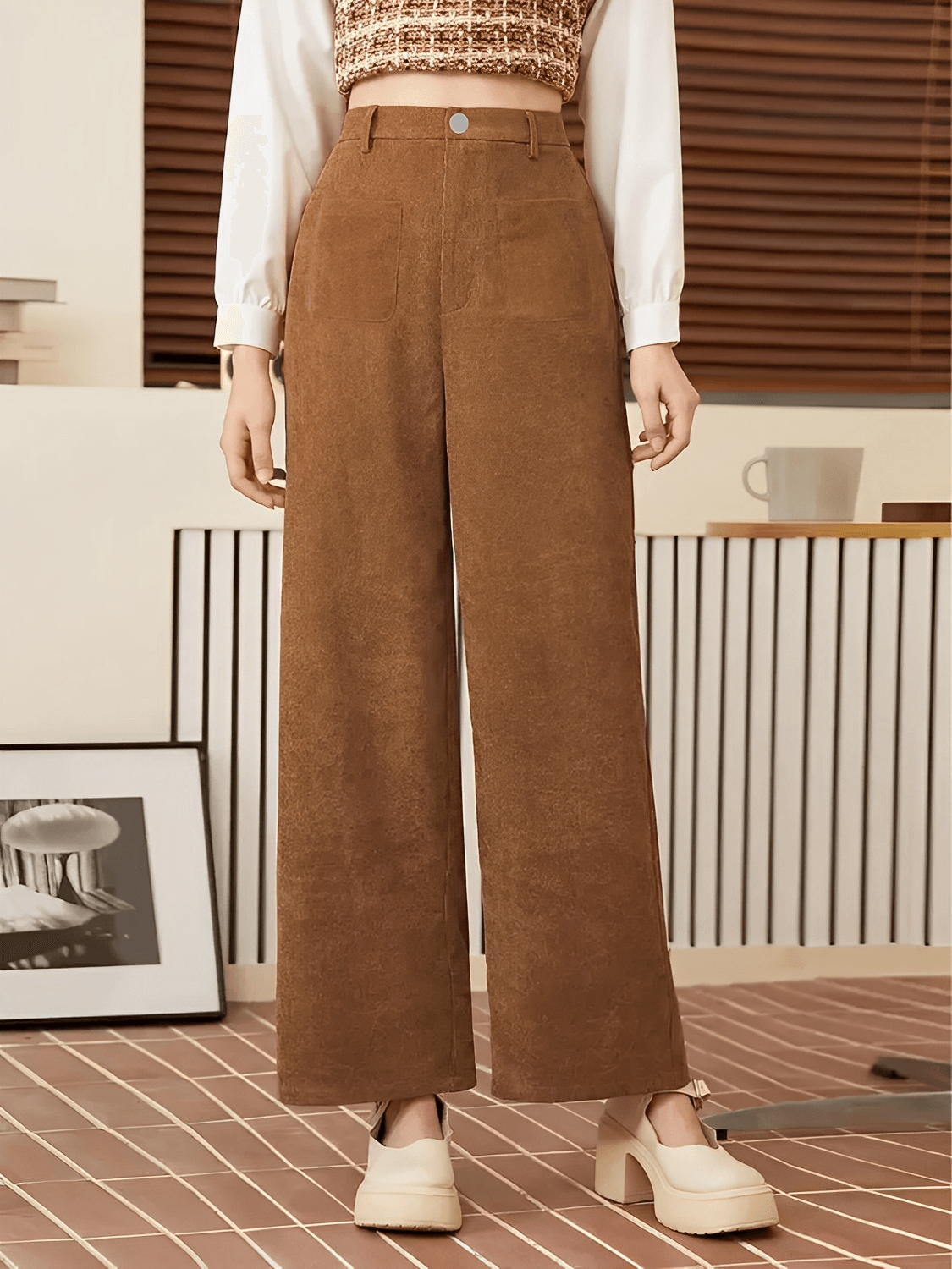 Calça Feminina Vintage em Veludo Cotelê com Bolsos Frontais Cintura Alta e Modelagem Wide Leg - Antonia