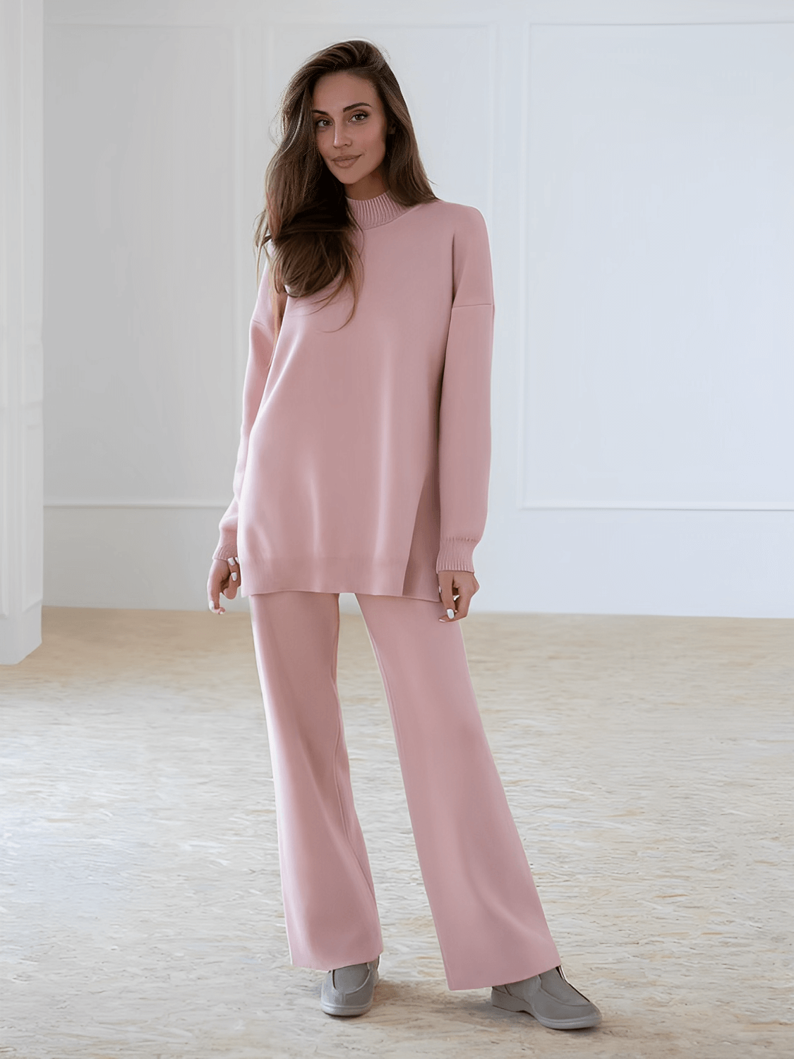 Conjunto Feminino com Suéter Mullet de Gola Alta e Calça Reta Cintura Alta - Manuela