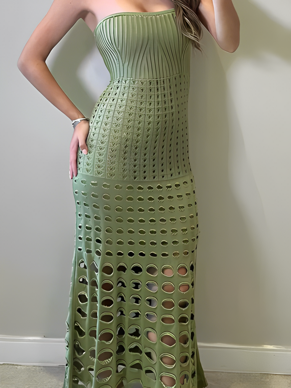 Vestido Feminino Longo de Tricô Tomara que Caia com Modelagem Sereia - Bella