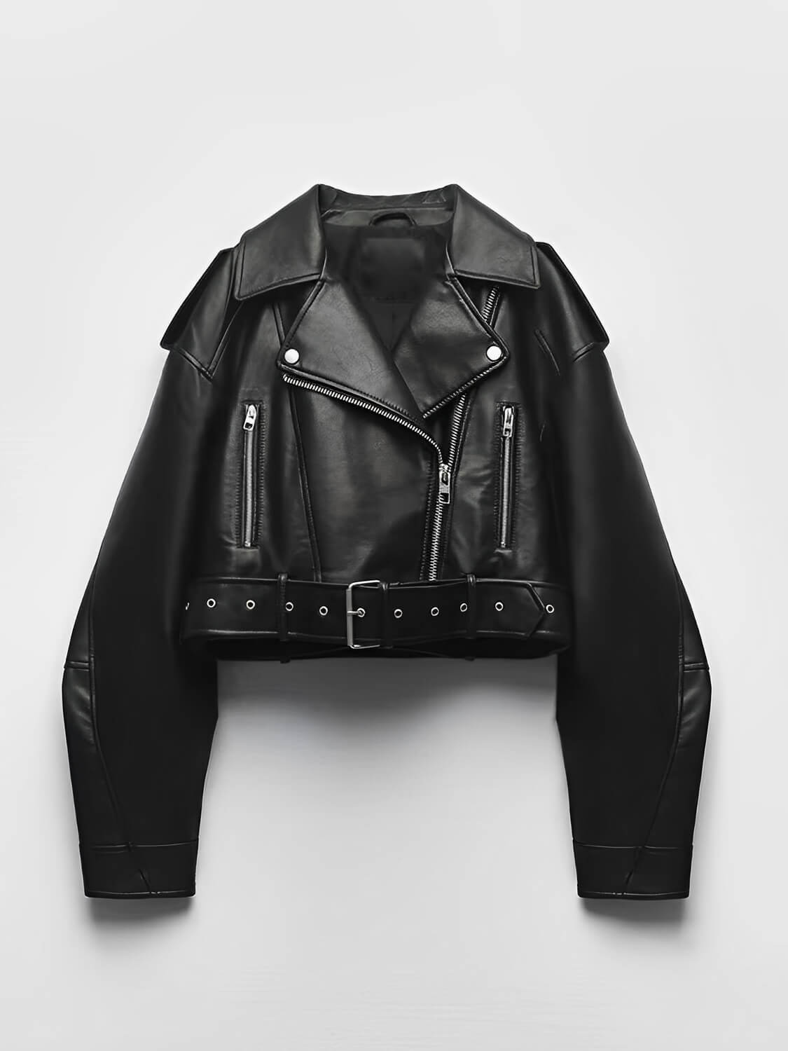 Jaqueta Feminina Cropped em Couro PU com  Zíper Transversal e Cinto Decorativo na Barra - Eleonor