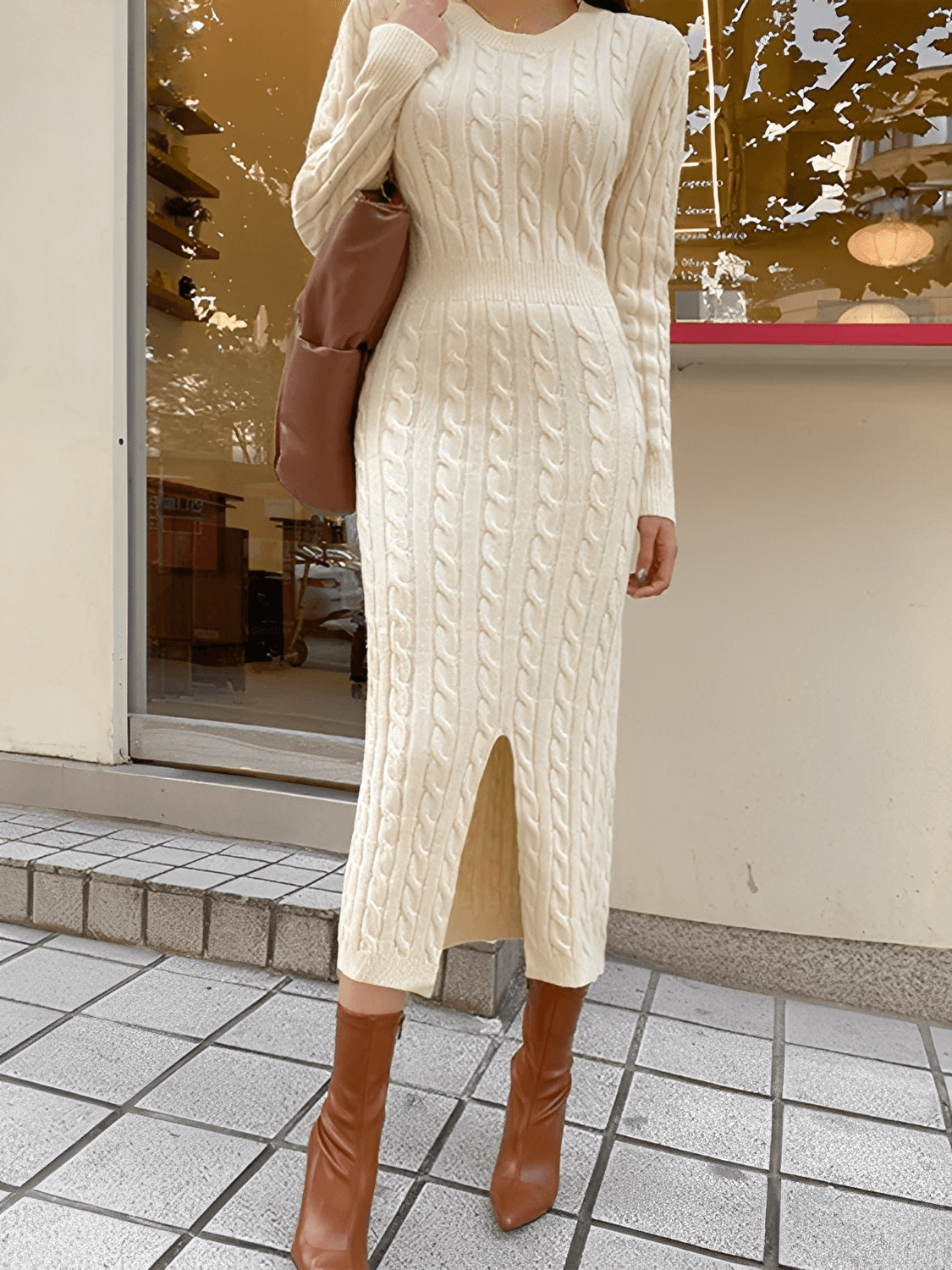 Vestido Feminino Midi em Tricô Texturizado com Decote Versátil 2 em 1 e Manga Longa – Genebra