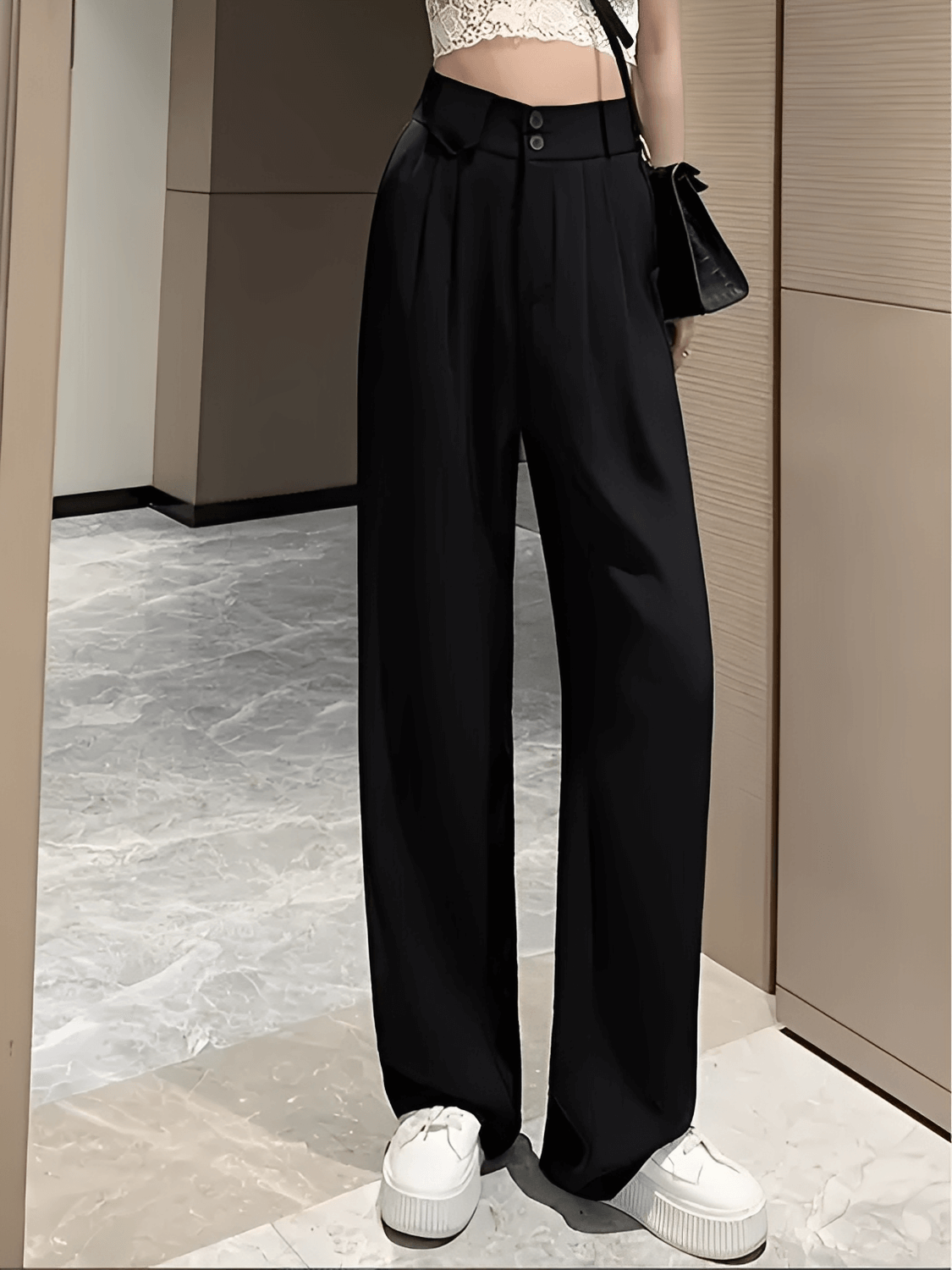Calça Feminina Alfaiataria Wide Leg Cintura Alta com Lenço Estampado Removível e Bolsos – Amara