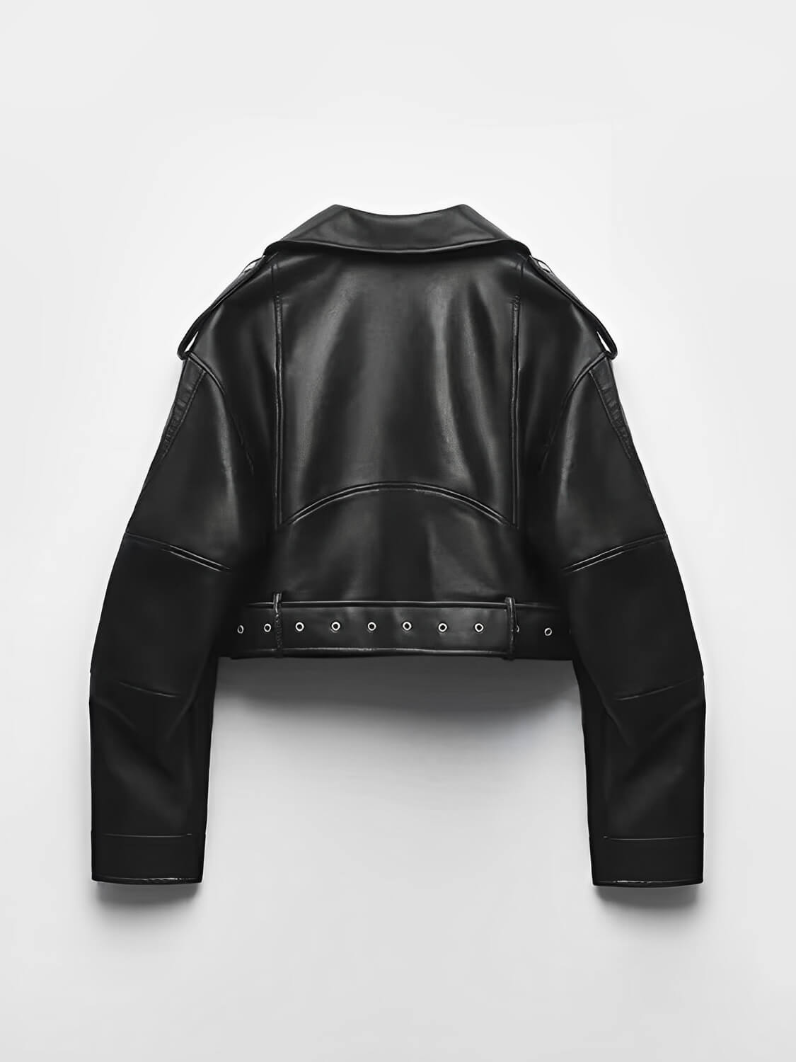 Jaqueta Feminina Cropped em Couro PU com  Zíper Transversal e Cinto Decorativo na Barra - Eleonor