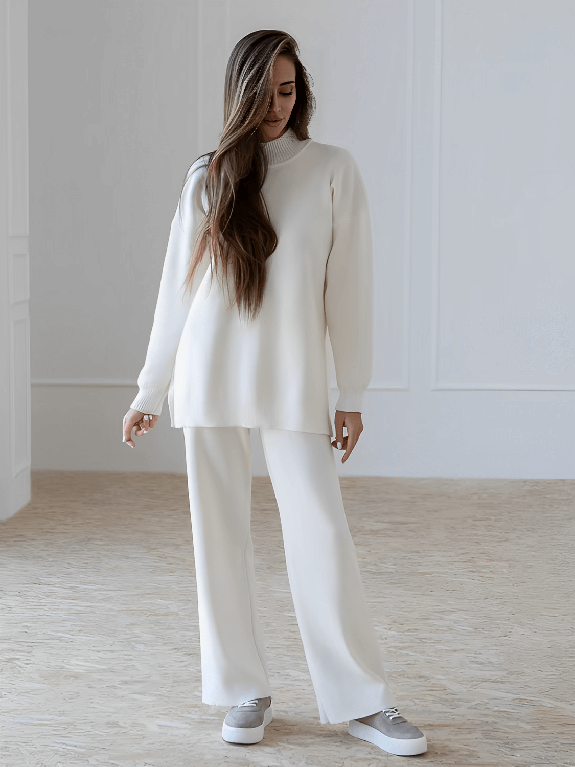 Conjunto Feminino com Suéter Mullet de Gola Alta e Calça Reta Cintura Alta - Manuela