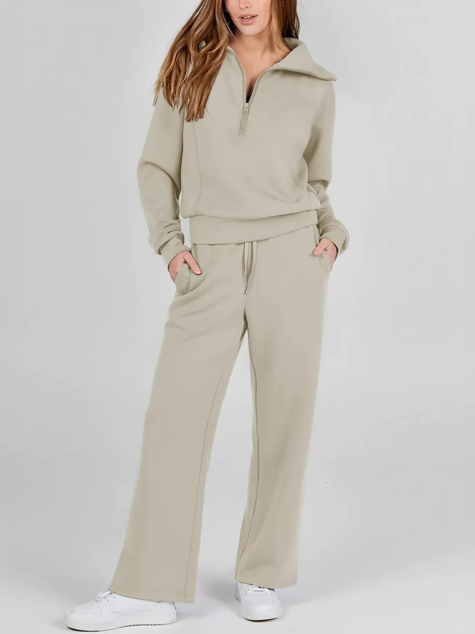 Conjunto Feminino com Suéter Gola Alta Ajustável e Calça Cintura Média com Ajuste de Cordão - Alessandra