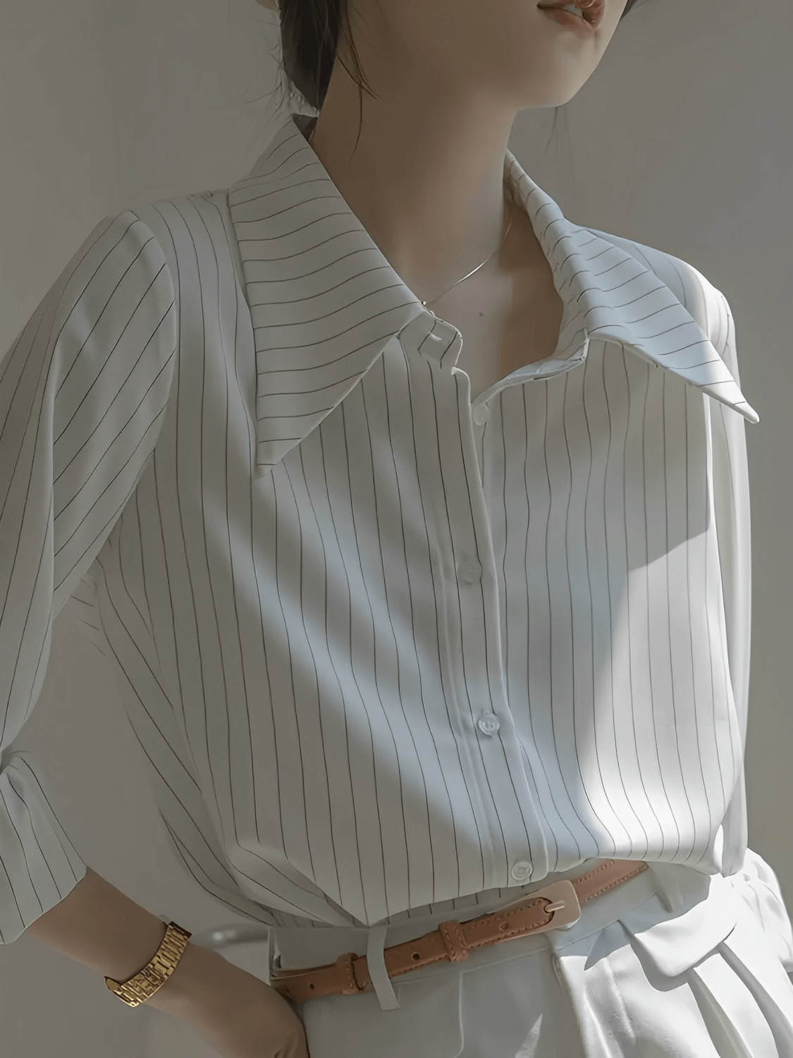 Camisa Feminina Vintage com Listras Finas Gola Ampla e Punhos Ajustados - Lucia