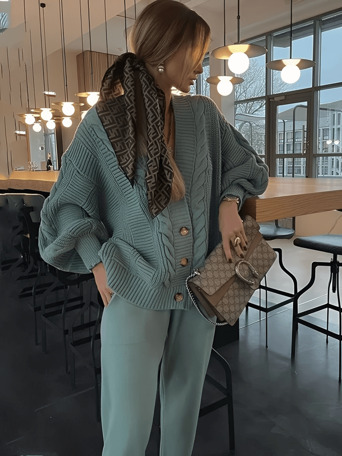 Conjunto Feminino em Tricô com Cardigan Oversized Decote V e Calça Lápis com Cintura Elástica – Liana
