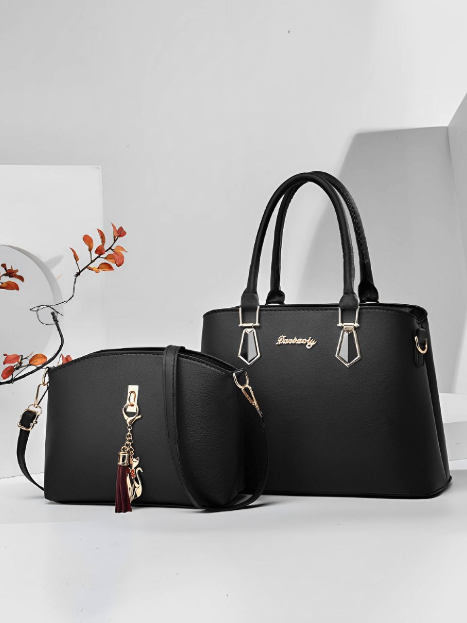 Conjunto de 2 Bolsas Femininas Elegantes com Alça Transversal e de Ombro com Zíper e Acessórios – Amber