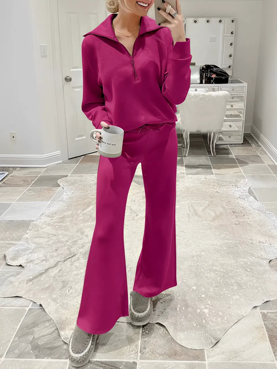 Conjunto Feminino com Suéter Gola Alta Ajustável e Calça Cintura Média com Ajuste de Cordão - Alessandra