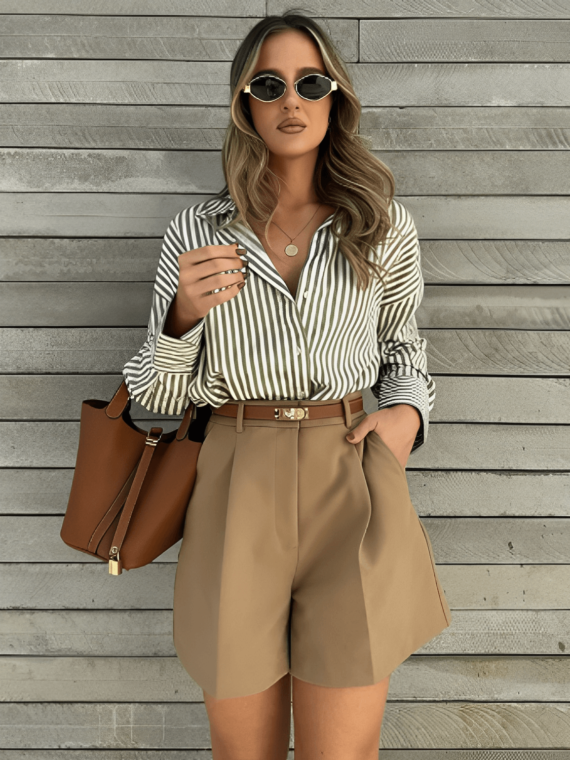 Camisa Feminina Listrada com Gola Clássica  Estruturada e Botões Frontais  – Glória