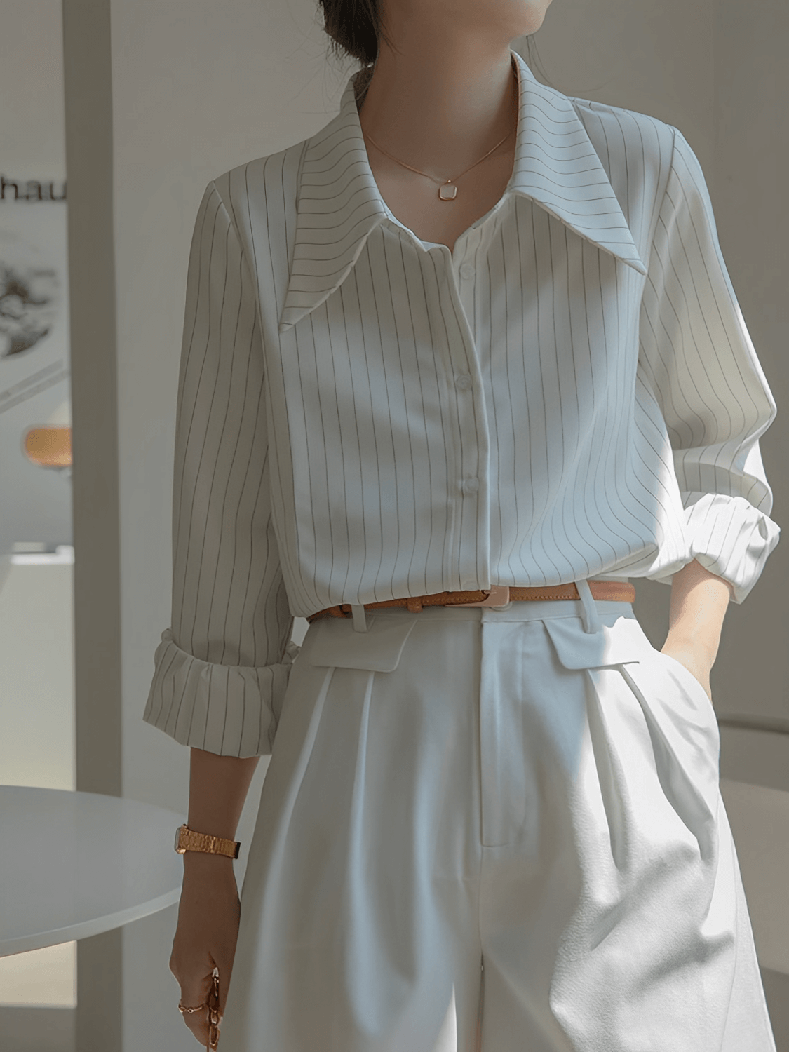 Camisa Feminina Vintage com Listras Finas Gola Ampla e Punhos Ajustados - Lucia