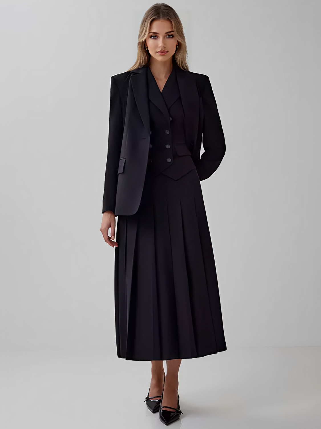 Conjunto Feminino de Alfaiataria com  Colete Clássico e Saia Midi Plissada - Lizandra