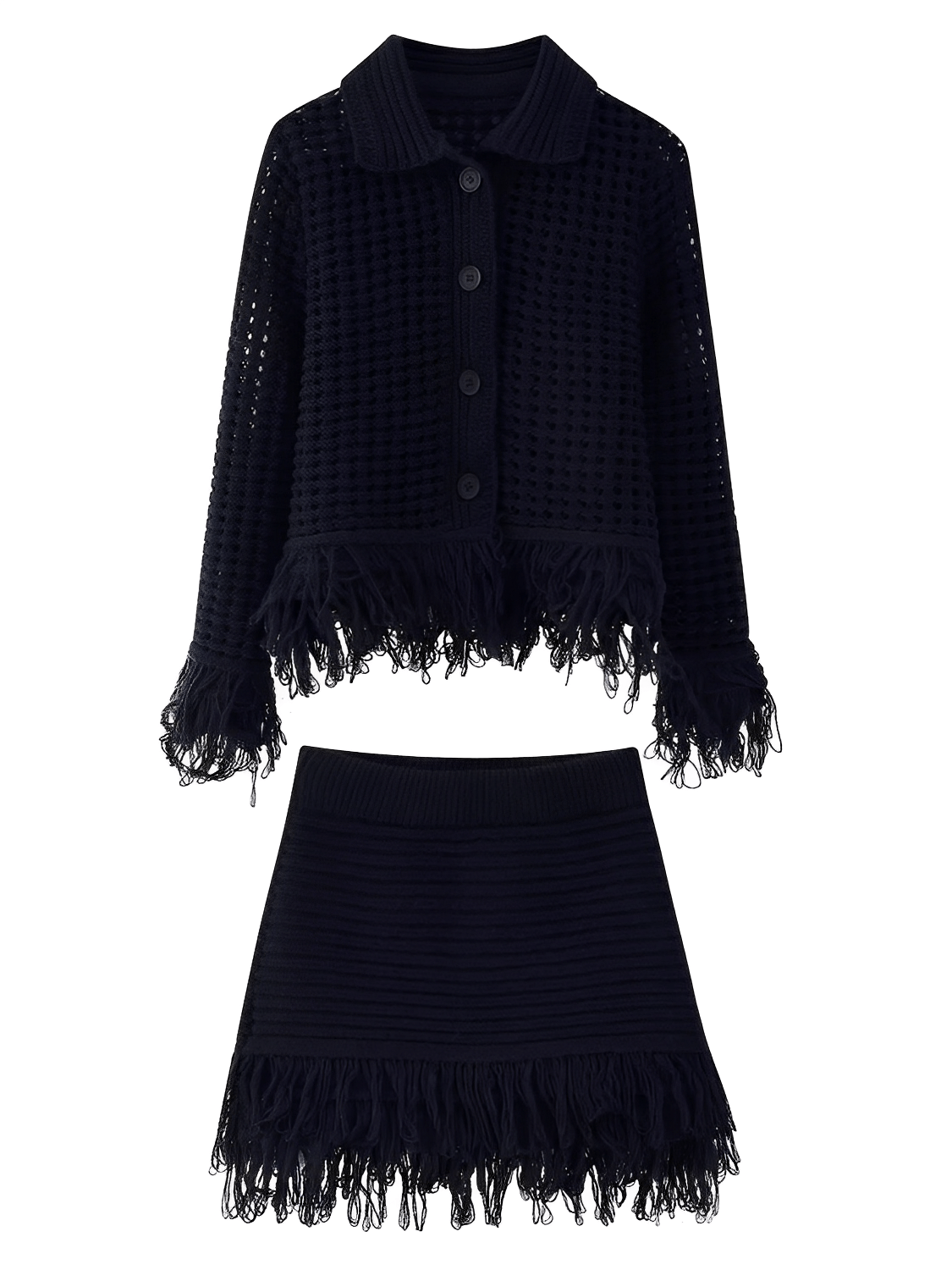 Conjunto Feminino em Tricô com Blusa Manga Longa com Fechamento em Botões e Saia Cintura Alta com Franjas - Monique
