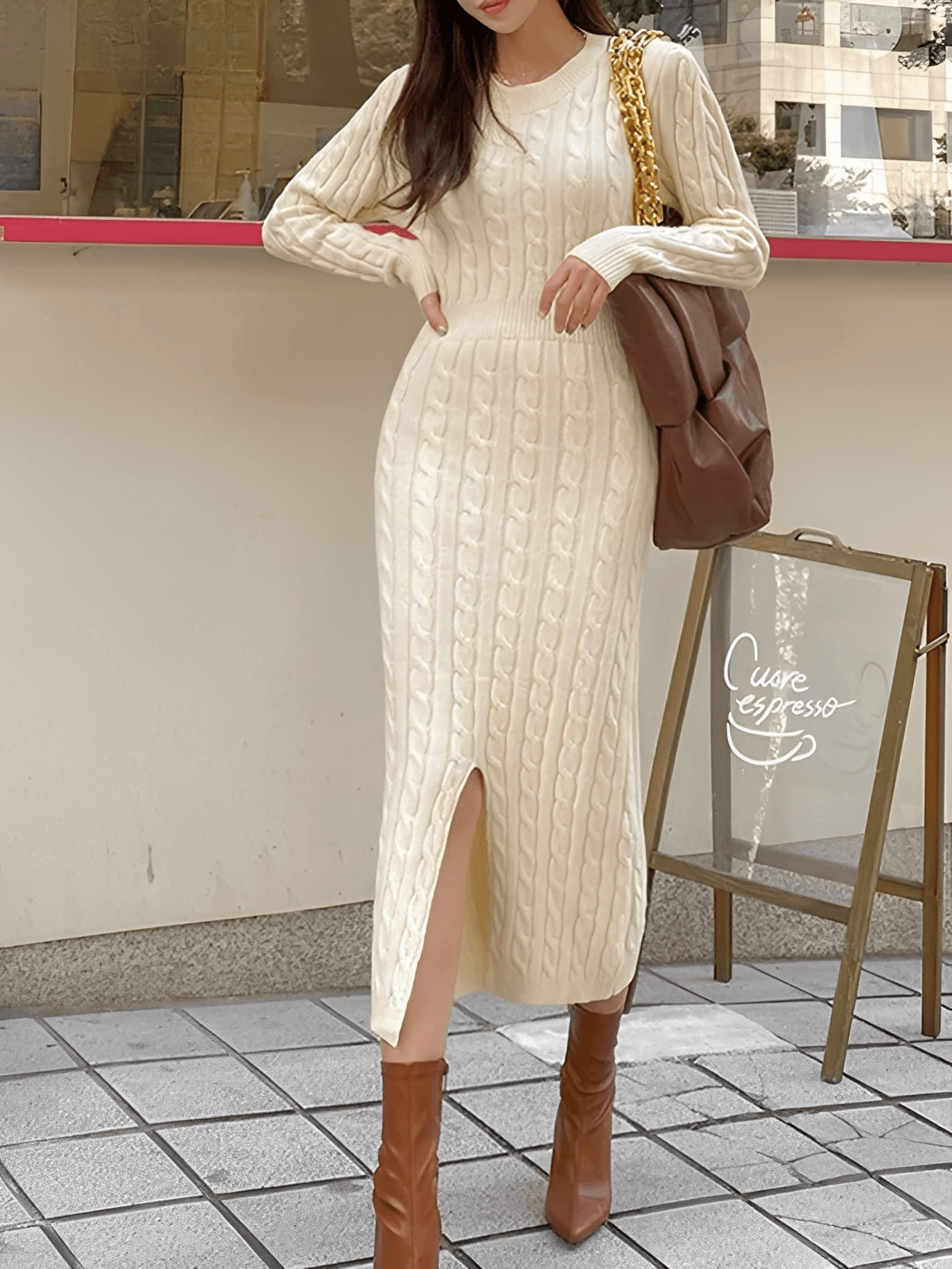 Vestido Feminino Midi em Tricô Texturizado com Decote Versátil 2 em 1 e Manga Longa – Genebra