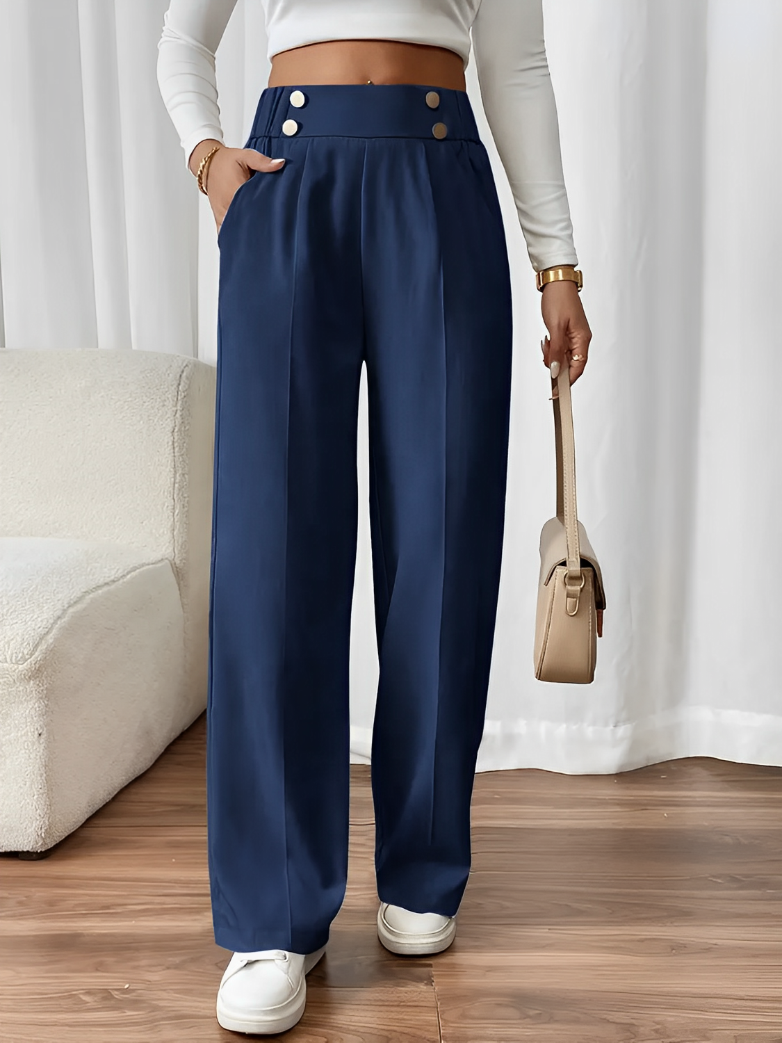 Calça Feminina de Alfaiataria Reta com Botões Decorativos Cintura Elástica e Bolsos Funcionais - Lizete