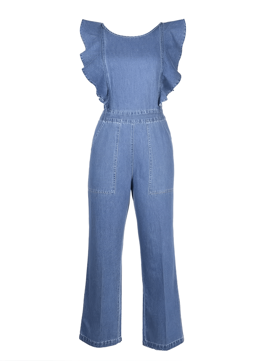 Macacão Feminino Jeans com Babados nos Ombros Amarração e Decote nas Costas - Poliana