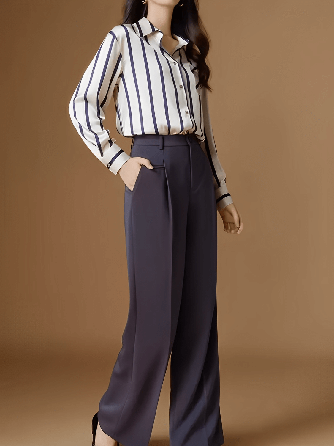 Camisa Feminina Listrada Acetinada com Bolso Frontal Gola Polo e Fechamento em Botões - Cinthia