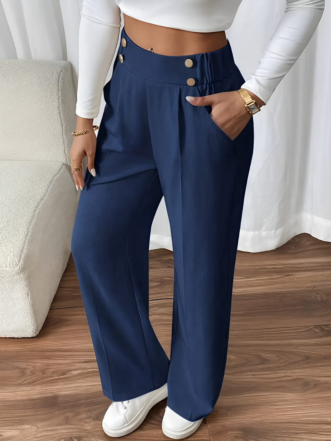 Calça Feminina de Alfaiataria Reta com Botões Decorativos Cintura Elástica e Bolsos Funcionais - Lizete