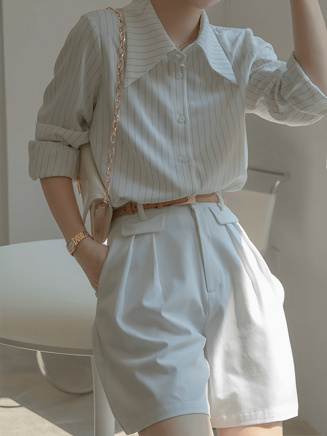 Camisa Feminina Vintage com Listras Finas Gola Ampla e Punhos Ajustados - Lucia