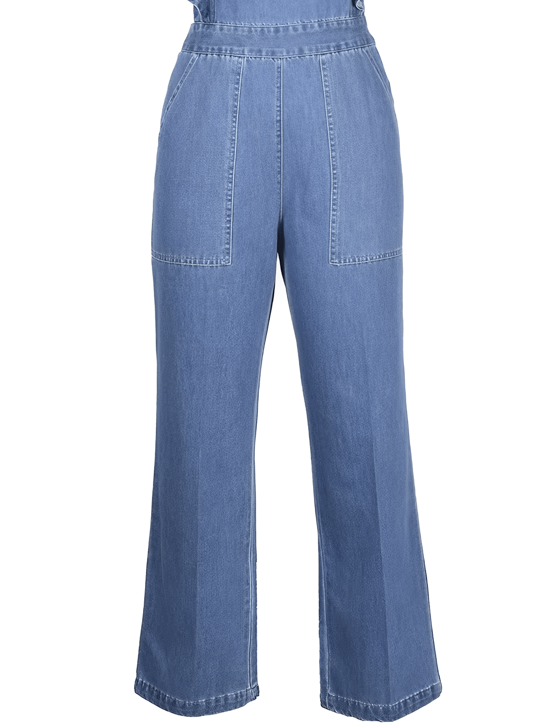 Macacão Feminino Jeans com Babados nos Ombros Amarração e Decote nas Costas - Poliana