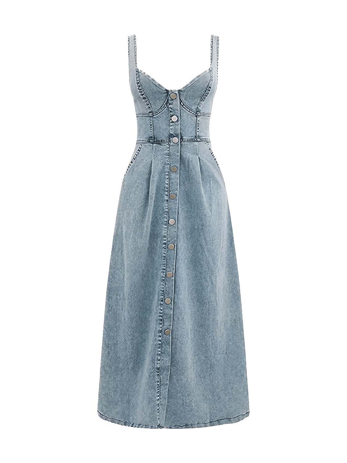 Vestido Feminino Midi Jeans com Decote Coração Botões Frontais e Elástico nas Costas – Pilar