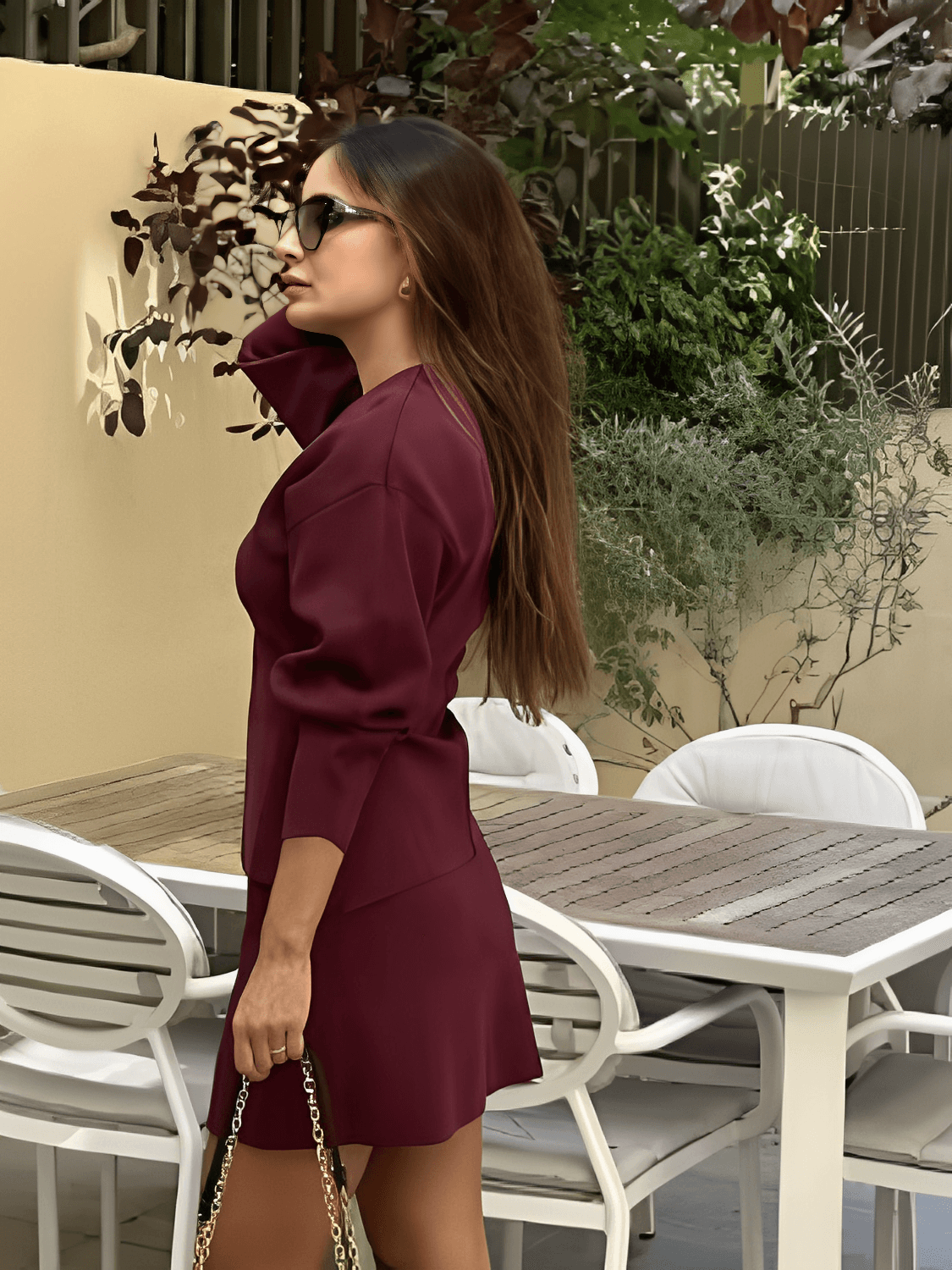 Conjunto Feminino de Tricô com Suéter Gola V e Saia Reta com Cintura Elástica - Viviene